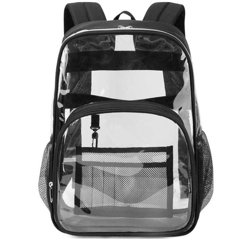 Clear Heavy Duty PVC Backpack Stadium Approved School Security Bag Black Trim